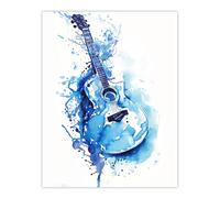 Abstract Music Guitar Blue Watercolour Splat Wall Art Print Artery8 Blue W24 inch x H32 inch