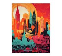 Artery8 Abstract New York City Cityscape Artwork Sunrise Red Yellow Turquoise Vibrant Bold Bright Colourful Painting Large Wall Art Poster Print Thick Paper 18X24 Inch