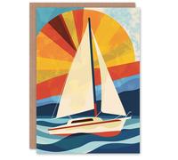 Artery8 Abstract Orange Red Blue Sailing Sail Boat Sunset Blank For Him Or Her Art Birthday Card