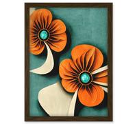 Artery8 Abstract Papercut Orange & Cream Flowers On Teal Artwork Framed Wall Art Print A4 in Brown Artery8 Brown