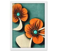 Artery8 Abstract Papercut Orange & Cream Flowers On Teal Artwork Framed Wall Art Print A4 in White Artery8 White