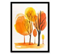 Artery8 Abstract Park Autumn Trees Watercolour Painting Framed Art Print in Orange | Size: A4 Artery8 Orange A4