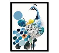 Artery8 Abstract Pattern Peacock Bird Bright Watercolour Framed Wall Art in Blue | Size: W12" x H16" Artery8 Blue W12" x H16"