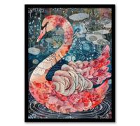 Artery8 Abstract Pink Flower Swan Artwork Enchanted Lake Wall Art Print - A4 Size