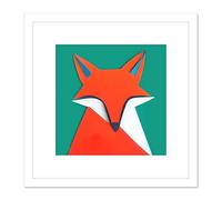 Artery8 Abstract Portrait Fox Orange On Green Geometric Illustration Square Wooden Framed Wall Art Print Picture 8X8 Inch in White Artery8 White