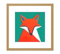 Artery8 Abstract Portrait Fox Orange On Green Geometric Illustration Square Wooden Framed Wall Art Print Picture 8X8 Inch in Light Oak Artery8 Light Oak