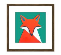 Artery8 Abstract Portrait Fox Orange On Green Geometric Illustration Square Wooden Framed Wall Art Print Picture 8X8 Inch in Brown Artery8 Brown