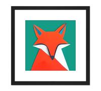 Artery8 Abstract Portrait Fox Orange On Green Geometric Illustration Square Wooden Framed Wall Art Print Picture 8X8 Inch in Black Artery8 Black