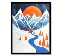 Artery8 Abstract River Mountain Winter Snow Landscape Living Room Artwork Framed Wall Art Print A4