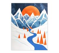 Abstract River Mountain Winter Snow Landscape Wall Art Print Artery8 Blue W24 inch x H32 inch