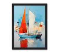 Artery8 Abstract Sailing Boats Ships Oil Painting Palette Knife Bathroom Artwork Vibrant Orange Blue Harbor Seascape Artwork Framed Wall Art Print 18X24 Inch