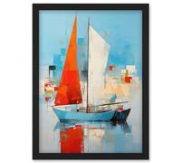 Artery8 Abstract Sailing Boats Ships Oil Painting Palette Knife Bathroom Artwork Vibrant Orange Blue Harbor Seascape Artwork Framed Wall Art Print A4