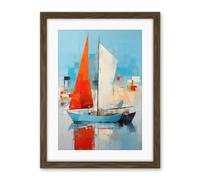 Artery8 Abstract Sailing Boats Ships Oil Painting Palette Knife Bathroom Artwork Vibrant Orange Blue Harbor Seascape Artwork Framed Wall Art Print 18X24 Inch
