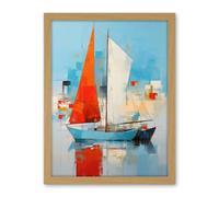 Artery8 Abstract Sailing Boats Ships Oil Painting Palette Knife Bathroom Artwork Vibrant Orange Blue Harbor Seascape Artwork Framed Wall Art Print 18X24 Inch