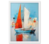 Artery8 Abstract Sailing Boats Ships Oil Painting Palette Knife Bathroom Artwork Vibrant Orange Blue Harbor Seascape Artwork Framed A3 Wall Art Print