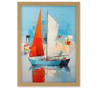 Artery8 Abstract Sailing Boats Ships Oil Painting Palette Knife Bathroom Artwork Vibrant Orange Blue Harbor Seascape Artwork Framed Wall Art Print A4