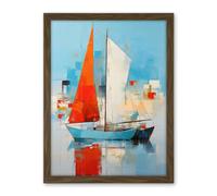 Artery8 Abstract Sailing Boats Ships Oil Painting Palette Knife Bathroom Artwork Vibrant Orange Blue Harbor Seascape Artwork Framed Wall Art Print 18X24 Inch