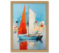 Artery8 Abstract Sailing Boats Ships Oil Painting Palette Knife Bathroom Artwork Vibrant Orange Blue Harbor Seascape Artwork Framed A3 Wall Art Print