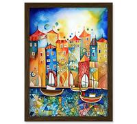 Artery8 Abstract Sailing Seafront Folk Art Artwork Framed A3 Wall Art Print