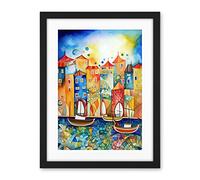 Artery8 Abstract Sailing Seafront Folk Art Artwork Framed Wall Art Print 18X24 Inch