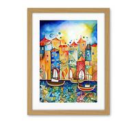 Artery8 Abstract Sailing Seafront Folk Art Artwork Framed Wall Art Print 18X24 Inch