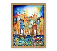 Artery8 Abstract Sailing Seafront Folk Art Artwork Framed Wall Art Print 18X24 Inch