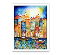 Artery8 Abstract Sailing Seafront Folk Art Artwork Framed Wall Art Print 18X24 Inch