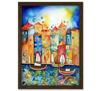 Artery8 Abstract Sailing Seafront Folk Art Artwork Framed Wall Art Print A4