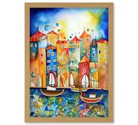 Artery8 Abstract Sailing Seafront Folk Art Artwork Framed Wall Art Print A4