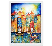 Artery8 Abstract Sailing Seafront Folk Art Artwork Framed Wall Art Print A4