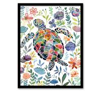 Artery8 Abstract Sea Turtle Colourful Floral Watercolour Bathroom Toilet Artwork Framed Wall Art Print A4