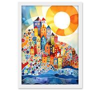 Artery8 Abstract Seascape Sunrise Village Folk Art Artwork Framed A3 Wall Art Print