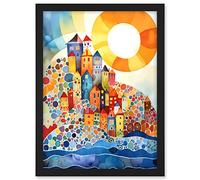 Artery8 Abstract Seascape Sunrise Village Folk Art Artwork Framed A3 Wall Art Print