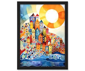 Artery8 Abstract Seascape Sunrise Village Folk Art Artwork Framed A3 Wall Art Print
