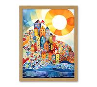Artery8 Abstract Seascape Sunrise Village Folk Art Artwork Framed Wall Art Print 18X24 Inch