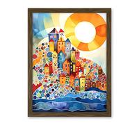 Artery8 Abstract Seascape Sunrise Village Folk Art Artwork Framed Wall Art Print 18X24 Inch