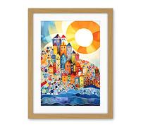 Artery8 Abstract Seascape Sunrise Village Folk Art Artwork Framed Wall Art Print 18X24 Inch