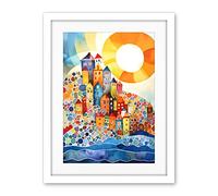 Artery8 Abstract Seascape Sunrise Village Folk Art Artwork Framed Wall Art Print 18X24 Inch