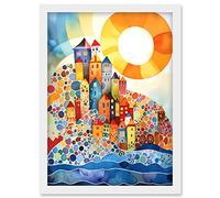 Artery8 Abstract Seascape Sunrise Village Folk Art Artwork Framed Wall Art Print A4