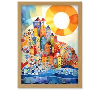 Artery8 Abstract Seascape Sunrise Village Folk Art Artwork Framed Wall Art Print A4 in Light Oak Artery8 Light Oak