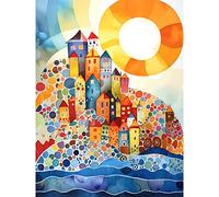 Artery8 Abstract Seascape Sunrise Village Folk Art Large Wall Art Poster Print Thick Paper 18X24 Inch
