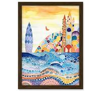 Artery8 Abstract Seascape Waves On Beach Folk Art Bathroom Artwork Framed A3 Wall Art Print