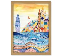 Artery8 Abstract Seascape Waves On Beach Folk Art Bathroom Artwork Framed A3 Wall Art Print