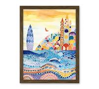 Artery8 Abstract Seascape Waves On Beach Folk Art Bathroom Artwork Framed Wall Art Print 18X24 Inch