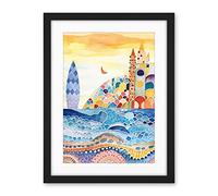 Artery8 Abstract Seascape Waves On Beach Folk Art Bathroom Artwork Framed Wall Art Print 18X24 Inch