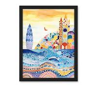 Artery8 Abstract Seascape Waves On Beach Folk Art Bathroom Artwork Framed Wall Art Print 18X24 Inch