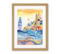 Artery8 Abstract Seascape Waves On Beach Folk Art Bathroom Artwork Framed Wall Art Print 18X24 Inch