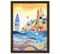Artery8 Abstract Seascape Waves On Beach Folk Art Bathroom Artwork Framed Wall Art Print A4
