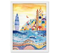 Artery8 Abstract Seascape Waves On Beach Folk Art Bathroom Artwork Framed Wall Art Print A4