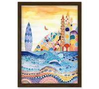 Artery8 Abstract Seascape Waves On Beach Folk Art Bathroom Artwork Framed Wall Art Print A4